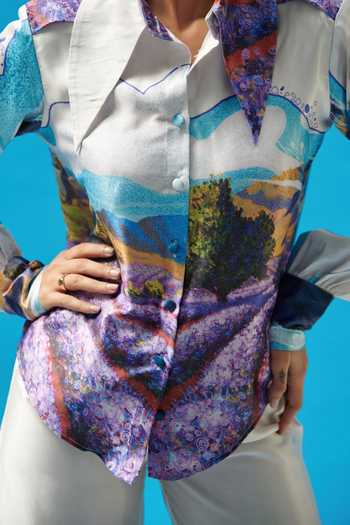 Buy_Cin Cin_White Satin Collared Scenic Print Shirt And Pant Set 