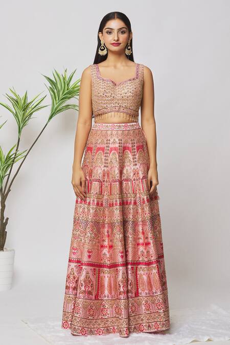 Samyukta Singhania_Pink Silk, Net, Crepe Beads, Zari, Pearls, Mughal Embroidered Bridal Lehenga Set_at_Aza_Fashions