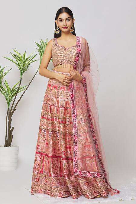 Buy_Samyukta Singhania_Pink Silk, Net, Crepe Beads, Zari, Pearls, Mughal Embroidered Bridal Lehenga Set_Online_at_Aza_Fashions