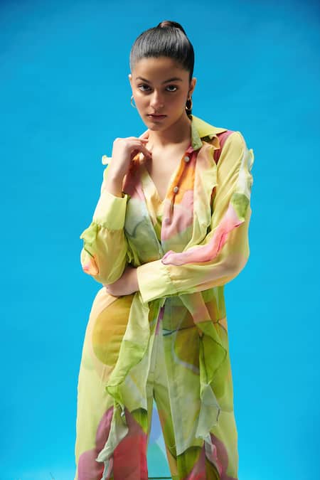 Buy_Cin Cin_Green Chiffon, Satin Ruffles V-neck, Collared Abstract Print Long Shrug Pant Set _Online_at_Aza_Fashions