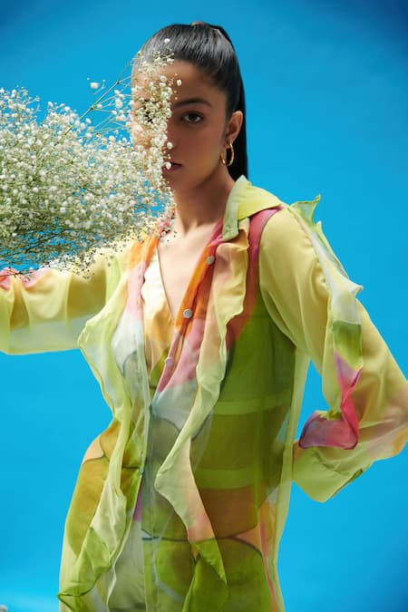 Cin Cin_Green Chiffon, Satin Ruffles V-neck, Collared Abstract Print Long Shrug Pant Set _at_Aza_Fashions