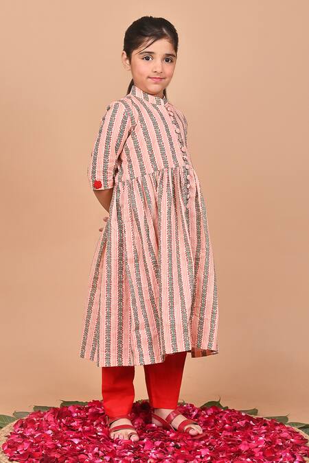 Buy Peach Cotton Printed Basil Leaf Stripe Placement Embroidered