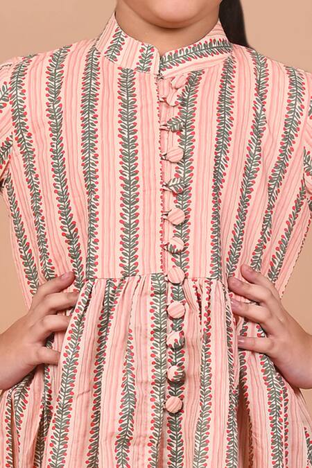 Buy THE COTTON STAPLE Peach Cotton Basil Leaf Stripe Placement Embroidered Cape Set Online at Aza Fashions Buy_THE COTTON STAPLE_Peach Cotton Basil Leaf Stripe Placement Embroidered Cape Set _Online_at_Aza_Fashions