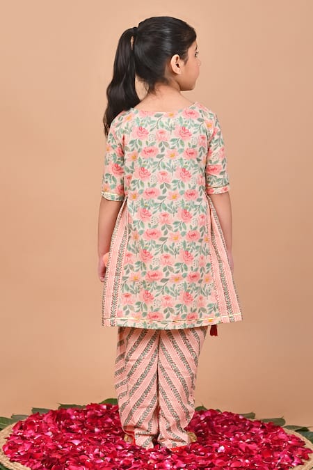 Shop_THE COTTON STAPLE_Peach Cotton Tassels, Embroidery Chia Flower Print Kurta And Dhoti Pant Set _at_Aza_Fashions