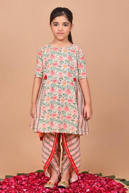 THE COTTON STAPLE_Peach Cotton Tassels, Embroidery Chia Flower Print Kurta And Dhoti Pant Set _Online_at_Aza_Fashions