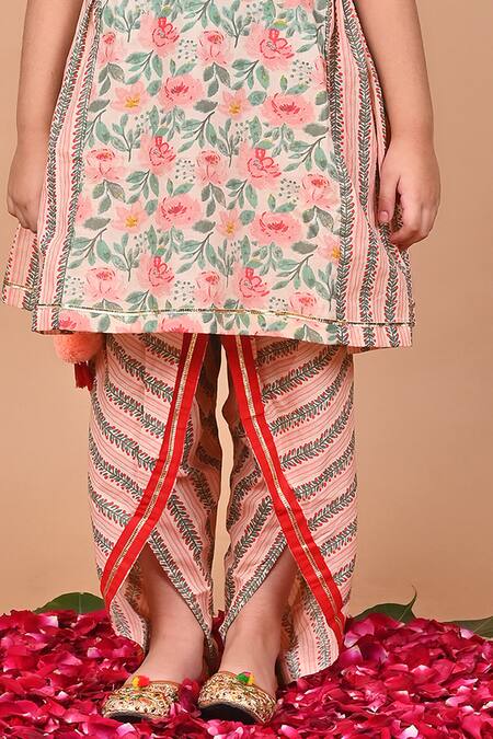 Buy_THE COTTON STAPLE_Peach Cotton Tassels, Embroidery Chia Flower Print Kurta And Dhoti Pant Set _Online_at_Aza_Fashions