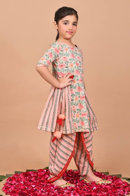 Shop_THE COTTON STAPLE_Peach Cotton Tassels, Embroidery Chia Flower Print Kurta And Dhoti Pant Set _Online_at_Aza_Fashions
