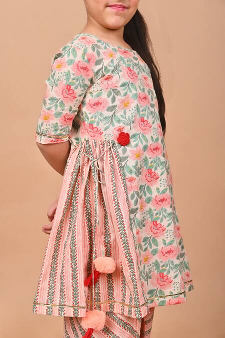 THE COTTON STAPLE_Peach Cotton Tassels, Embroidery Chia Flower Print Kurta And Dhoti Pant Set _at_Aza_Fashions