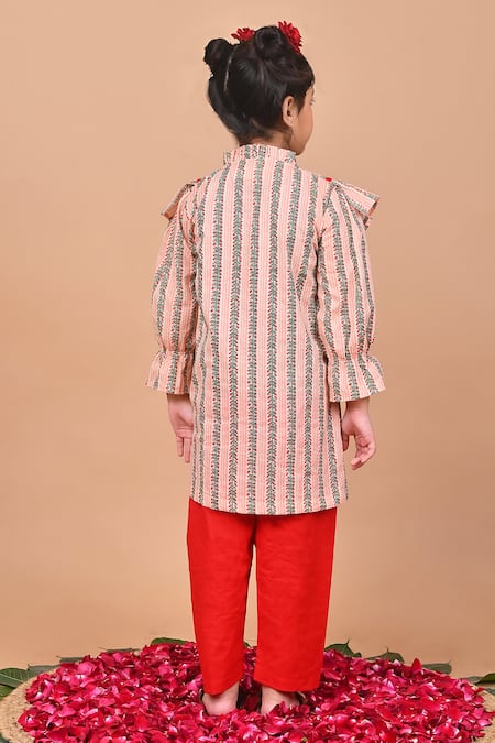 Shop_THE COTTON STAPLE_Peach Cotton Embroidery Nutmeg Leaf Stripe Print Kurta And Pant Set _at_Aza_Fashions