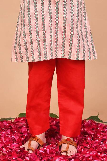 THE COTTON STAPLE_Peach Cotton Embroidery Nutmeg Leaf Stripe Print Kurta And Pant Set _Online_at_Aza_Fashions
