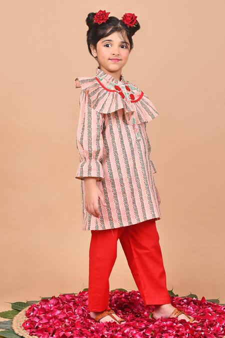 Shop_THE COTTON STAPLE_Peach Cotton Embroidery Nutmeg Leaf Stripe Print Kurta And Pant Set _Online_at_Aza_Fashions
