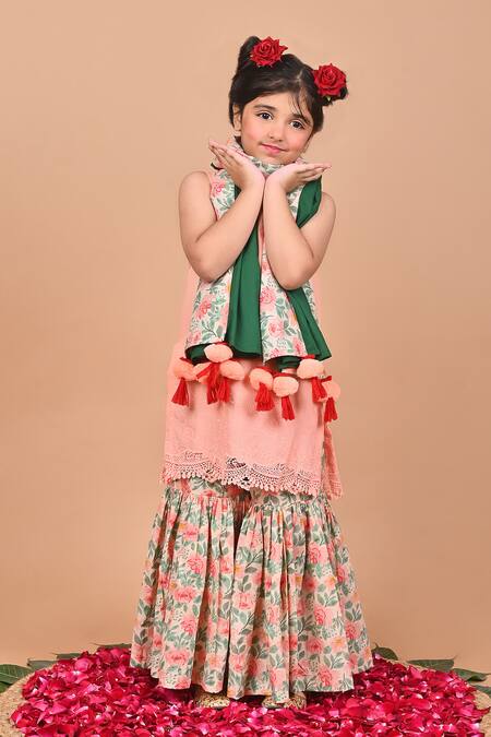 THE COTTON STAPLE Peach Cotton Lace, Embroidery, Tassels Birch Cutwork Kurta Sharara Set Online at Aza Fashions THE COTTON STAPLE_Peach Cotton Lace, Embroidery, Tassels Birch Cutwork Kurta Sharara Set _Online_at_Aza_Fashions