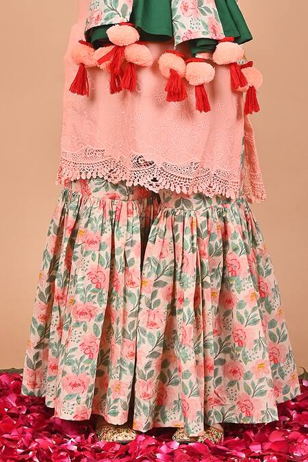 Buy THE COTTON STAPLE Peach Cotton Lace, Embroidery, Tassels Birch Cutwork Kurta Sharara Set Online at Aza Fashions Buy_THE COTTON STAPLE_Peach Cotton Lace, Embroidery, Tassels Birch Cutwork Kurta Sharara Set _Online_at_Aza_Fashions