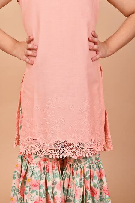 Buy THE COTTON STAPLE Peach Cotton Lace, Embroidery, Tassels Birch Cutwork Kurta Sharara Set Buy_THE COTTON STAPLE_Peach Cotton Lace, Embroidery, Tassels Birch Cutwork Kurta Sharara Set