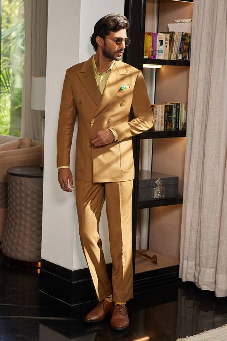 Shop_Philocaly_Brown Wool Caramel Double Breasted Blazer _Online_at_Aza_Fashions