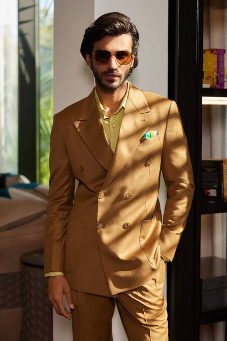 Philocaly_Brown Wool Caramelize Double Breasted Blazer With Pant _Online_at_Aza_Fashions