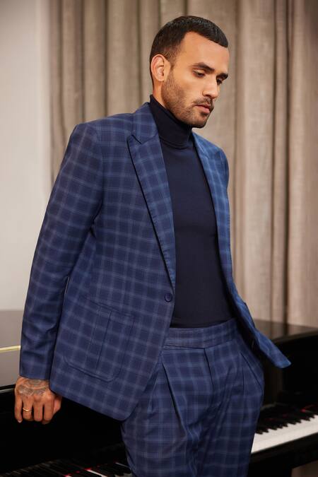 Buy_Philocaly_Blue Wool Glen Checkered Blazer _Online_at_Aza_Fashions