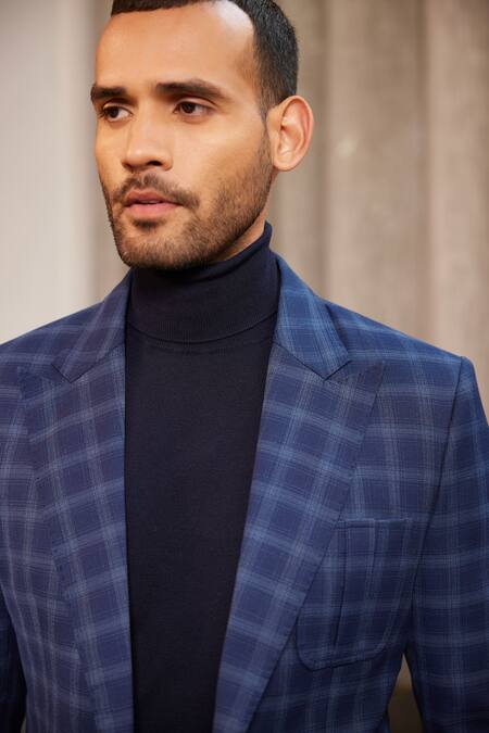 Shop_Philocaly_Blue Wool Glen Checkered Blazer _Online_at_Aza_Fashions