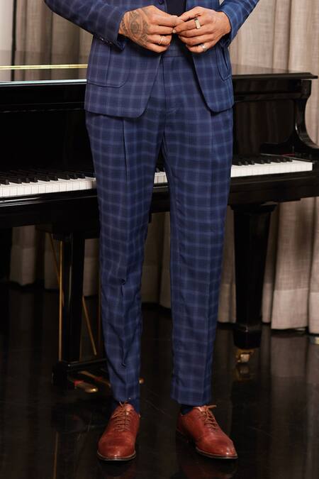 Philocaly_Blue Wool Glen Checkered Blazer With Pant _Online_at_Aza_Fashions