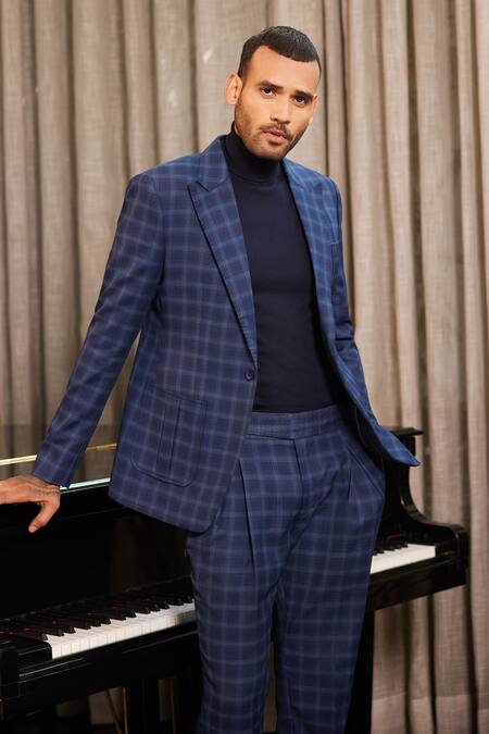 Buy_Philocaly_Blue Wool Glen Checkered Blazer With Pant _Online_at_Aza_Fashions