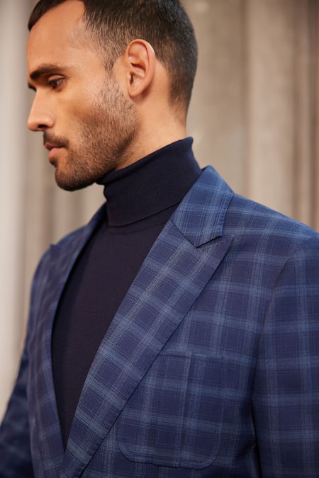Buy_Philocaly_Blue Wool Glen Checkered Blazer With Pant 