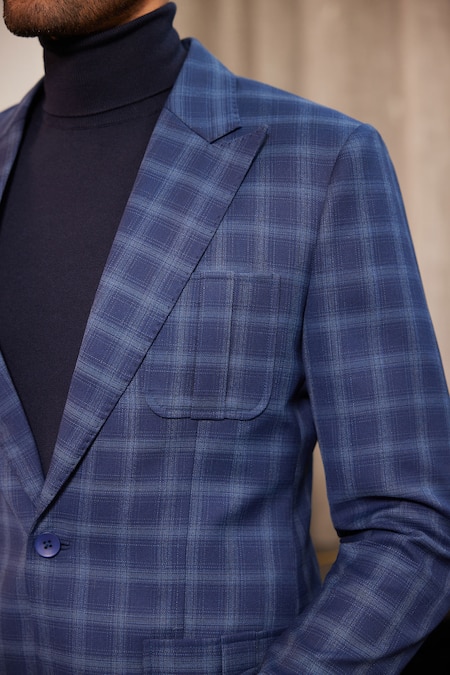 Shop_Philocaly_Blue Wool Glen Checkered Blazer With Pant 
