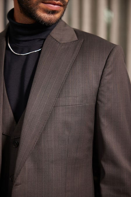 Shop_Philocaly_Grey Wool Caffe Plaid Checkered Double Breasted Blazer_Online_at_Aza_Fashions