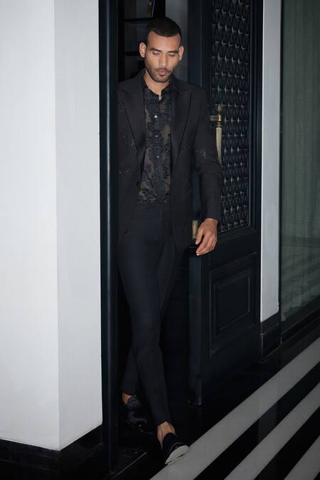 Philocaly Black Wool Embroidery Galaxy Single Breasted Blazer Online at Aza Fashions Philocaly_Black Wool Embroidery Galaxy Single Breasted Blazer _Online_at_Aza_Fashions