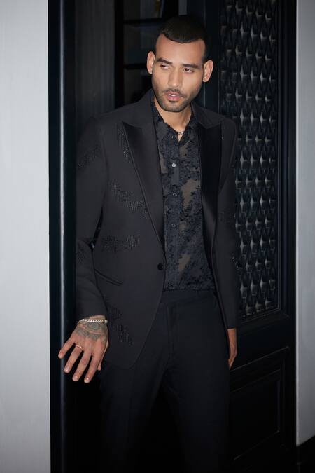 Buy Philocaly Black Wool Embroidery Galaxy Single Breasted Blazer Online at Aza Fashions Buy_Philocaly_Black Wool Embroidery Galaxy Single Breasted Blazer _Online_at_Aza_Fashions