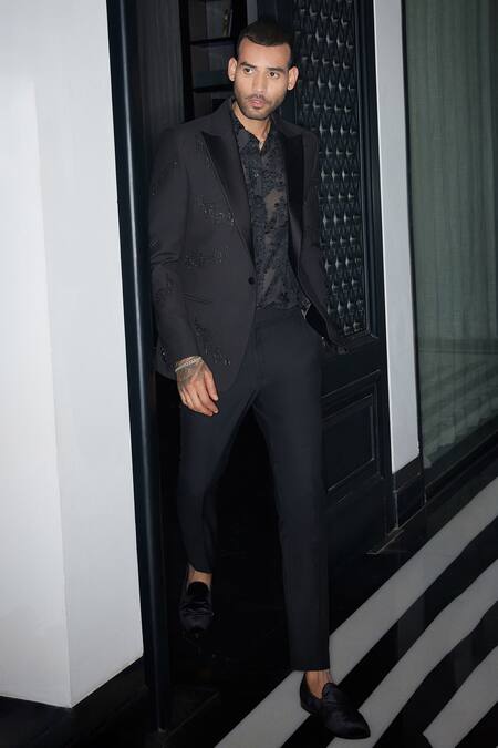 Shop Philocaly Black Wool Embroidery Galaxy Single Breasted Blazer Online at Aza Fashions Shop_Philocaly_Black Wool Embroidery Galaxy Single Breasted Blazer _Online_at_Aza_Fashions