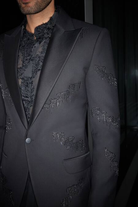 Philocaly Black Wool Embroidery Galaxy Single Breasted Blazer at Aza Fashions Philocaly_Black Wool Embroidery Galaxy Single Breasted Blazer _at_Aza_Fashions