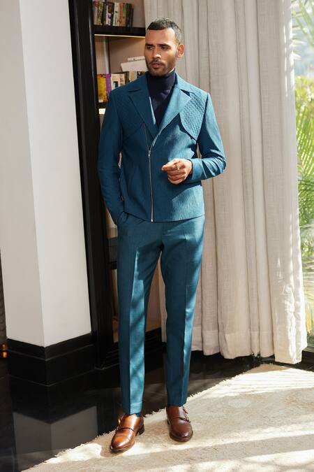 Philocaly Blue Wool Persens Quilted Biker Jacket 3