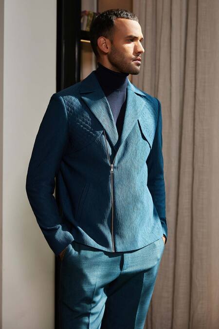 Philocaly Blue Wool Persens Quilted Biker Jacket 4