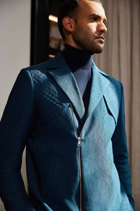 Philocaly Blue Wool Persens Quilted Biker Jacket 5