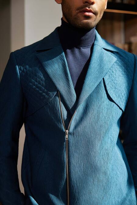 Philocaly Blue Wool Persens Quilted Biker Jacket 6