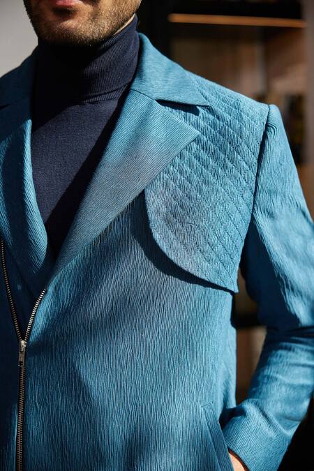 Philocaly Blue Wool Persens Quilted Biker Jacket 7