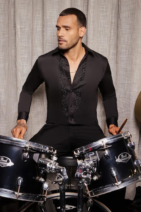 Shop_Philocaly_Black Cotton Cut Work Noble Embroidered Placket Shirt _at_Aza_Fashions