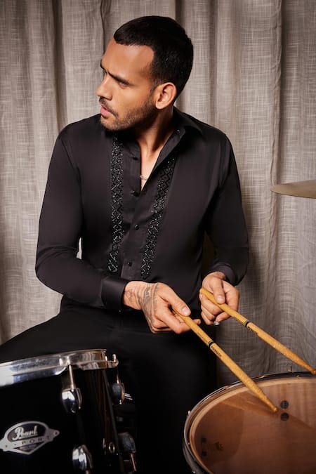Shop_Philocaly_Black Cotton Cut Work Noble Embroidered Placket Shirt _Online_at_Aza_Fashions