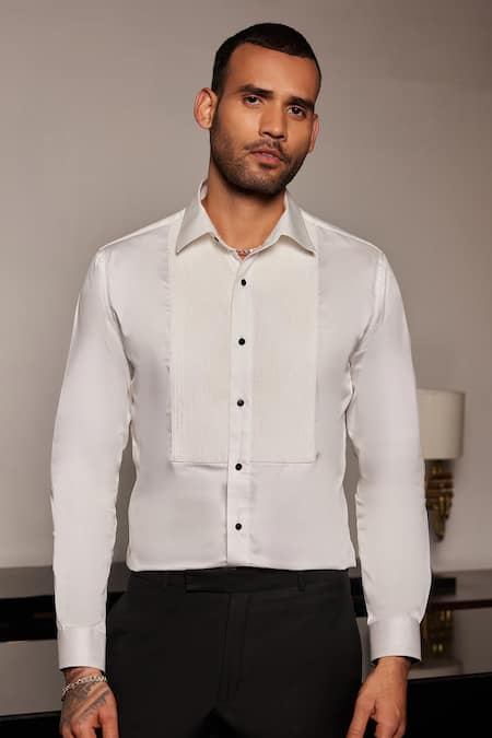 Philocaly_White Cotton Embroidery Prius Tuxedo Shirt _Online_at_Aza_Fashions