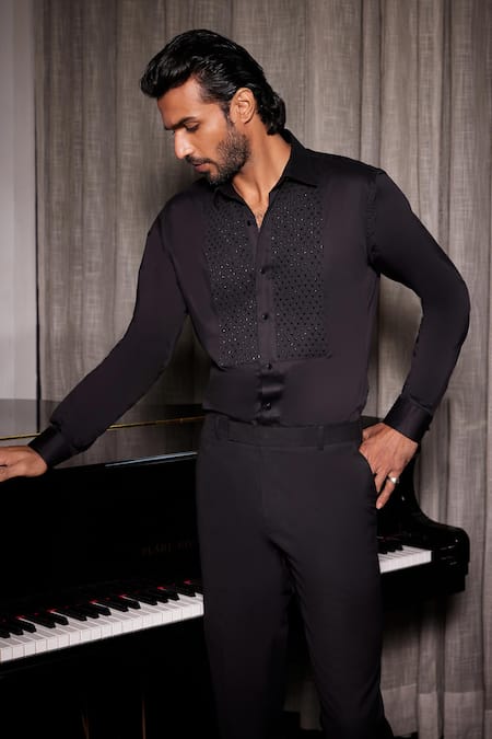 Philocaly_Black Cotton Cut Work Orion Embroidered Shirt _Online_at_Aza_Fashions