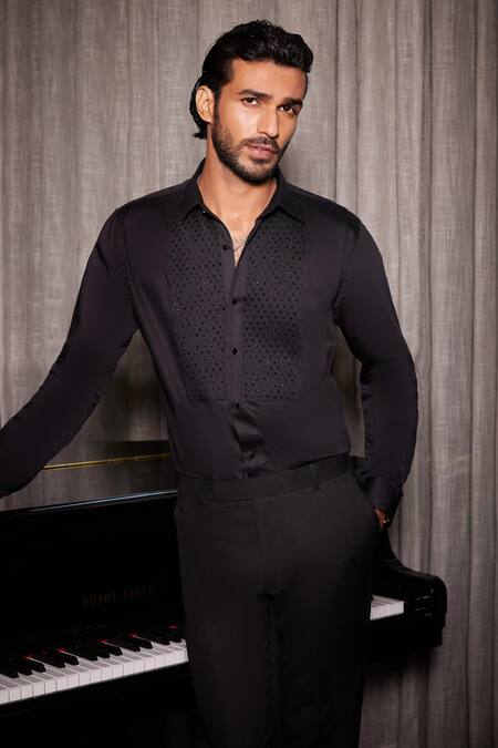 Buy_Philocaly_Black Cotton Cut Work Orion Embroidered Shirt _Online_at_Aza_Fashions