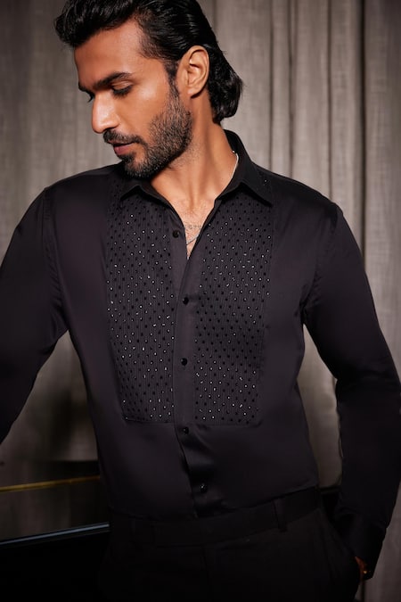 Shop_Philocaly_Black Cotton Cut Work Orion Embroidered Shirt _Online_at_Aza_Fashions