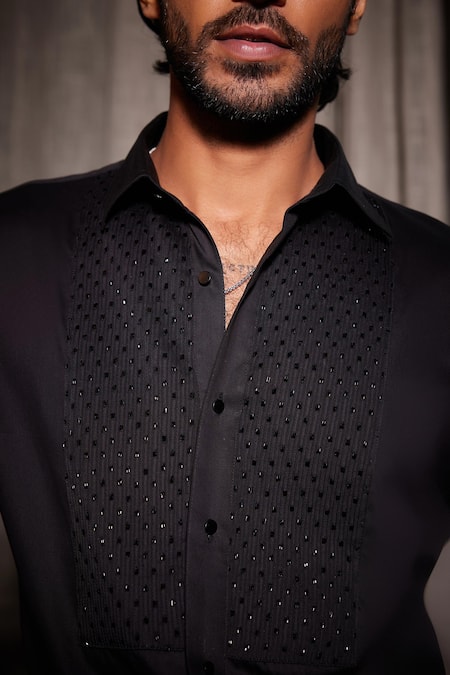 Philocaly_Black Cotton Cut Work Orion Embroidered Shirt _at_Aza_Fashions