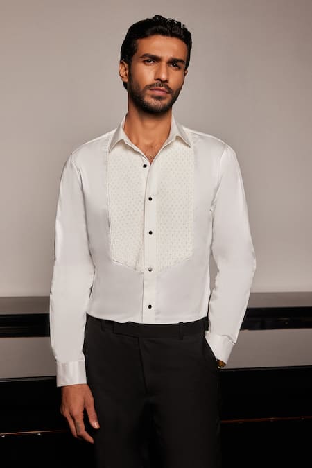 Philocaly White 100% Cotton Embroidery Cutdana Beads Seraphic Tuxedo Shirt 