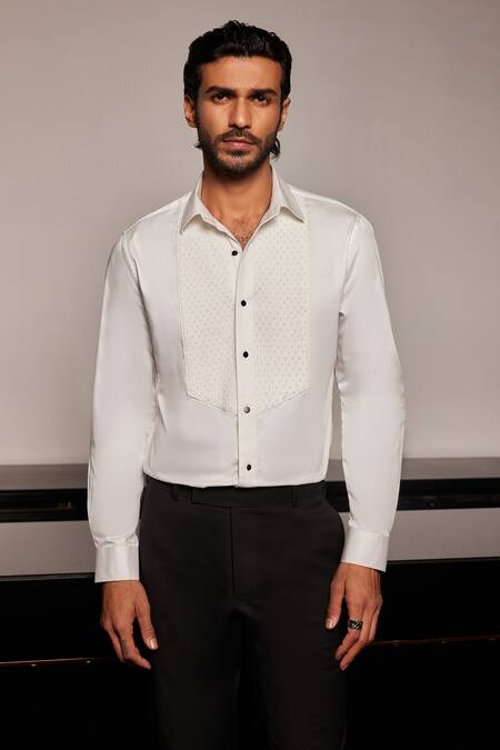 Shop_Philocaly_White Cotton Embroidery Seraphic Tuxedo Shirt _at_Aza_Fashions