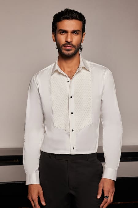 Philocaly_White Cotton Embroidery Seraphic Tuxedo Shirt _Online_at_Aza_Fashions