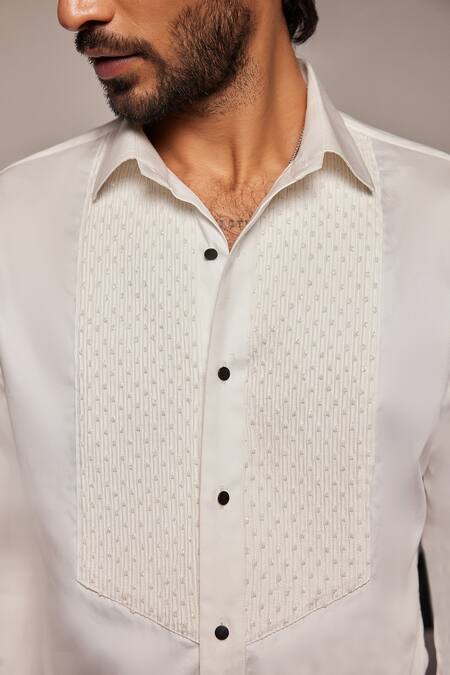 Buy_Philocaly_White Cotton Embroidery Seraphic Tuxedo Shirt _Online_at_Aza_Fashions