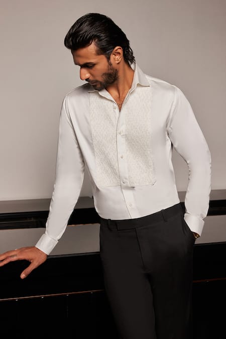 Philocaly_White Cotton Embroidery Orphic Shirt _at_Aza_Fashions
