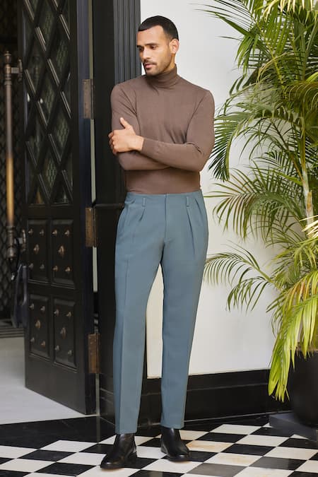 Philocaly Blue Polyester Blend Plain Cabaret Straight Fit Trouser 