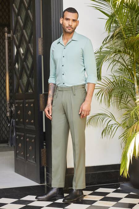 Philocaly_Green Polyester Sylvan Straight Fit Trouser_Online_at_Aza_Fashions